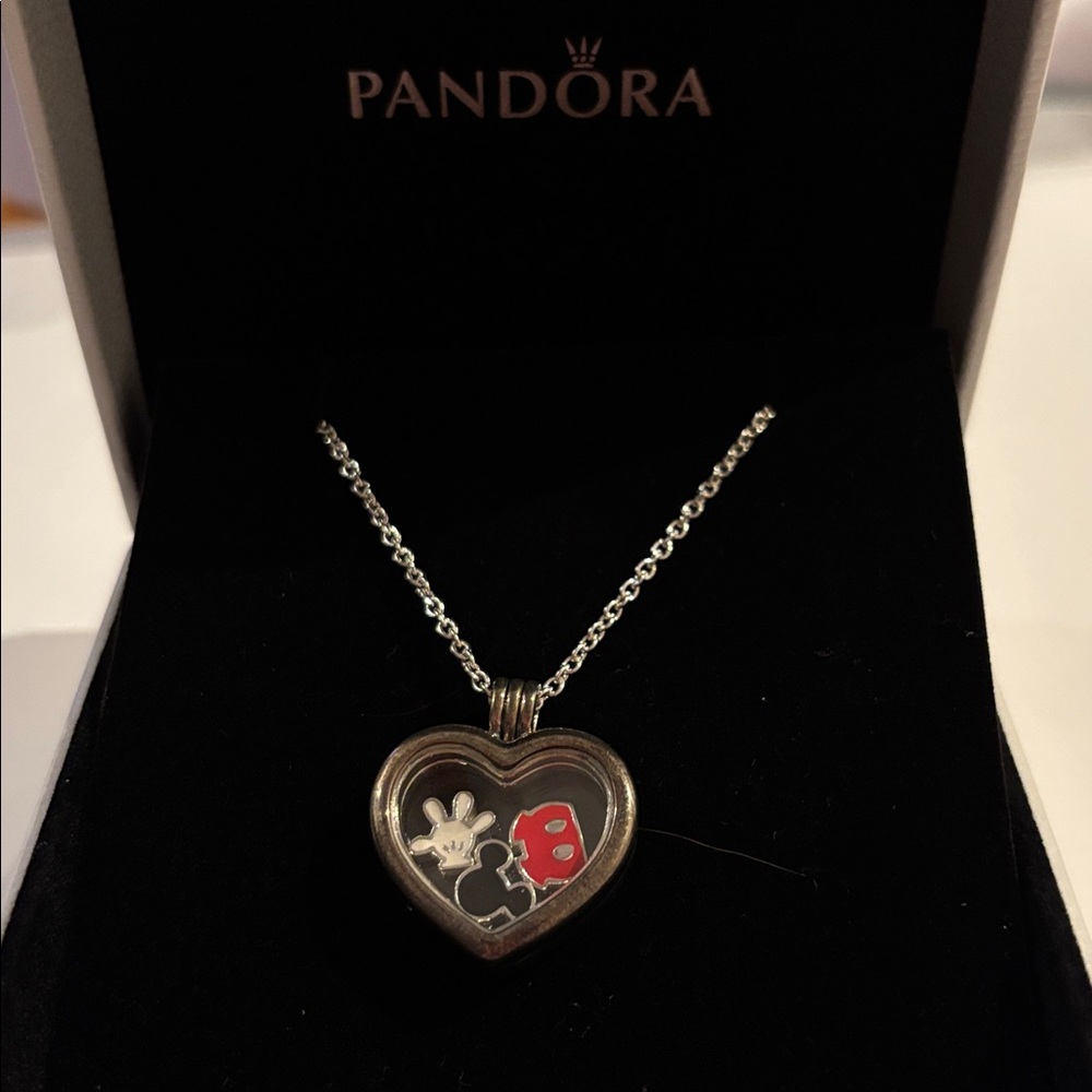 Pandora Heart Necklace with Silver Chain and Disney Mickey Mouse mini charms - Picture 3 of 4